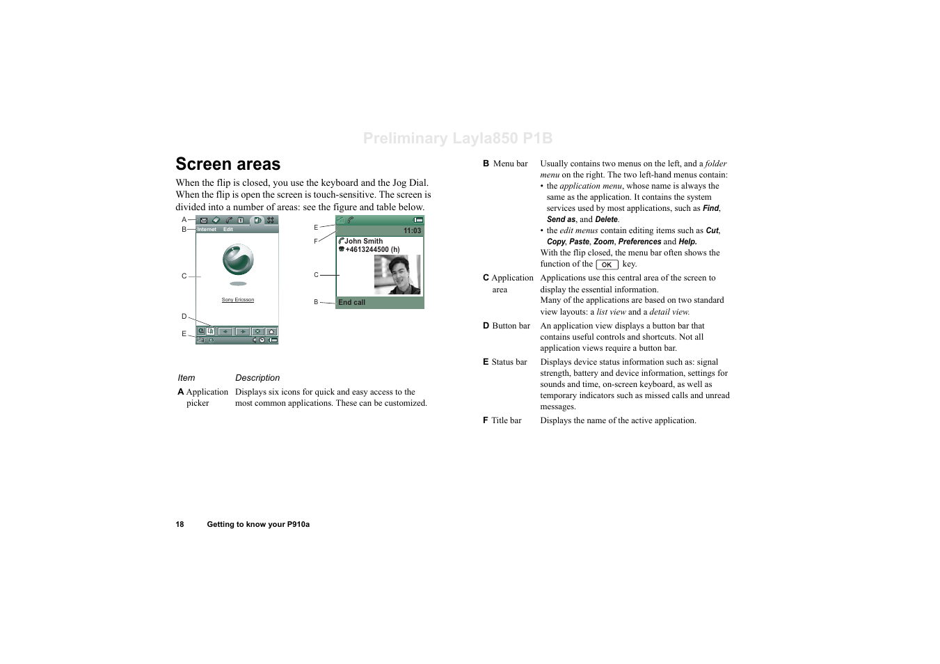 Screen areas, Preliminary layla850 p1b | Sony Ericsson P910a User Manual | Page 18 / 203