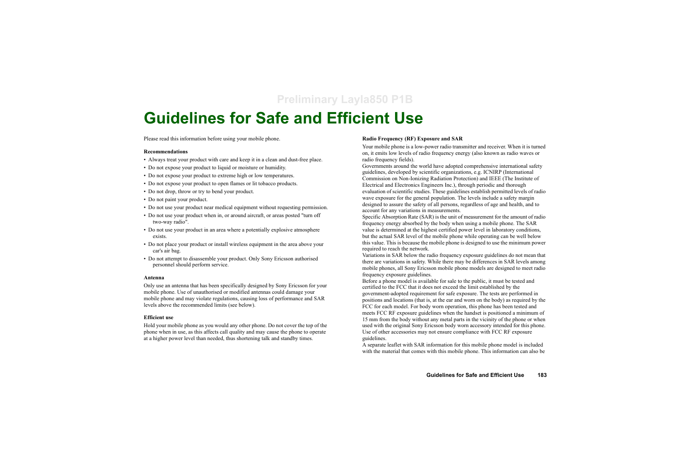 Guidelines for safe and efficient use, Preliminary layla850 p1b | Sony Ericsson P910a User Manual | Page 183 / 203