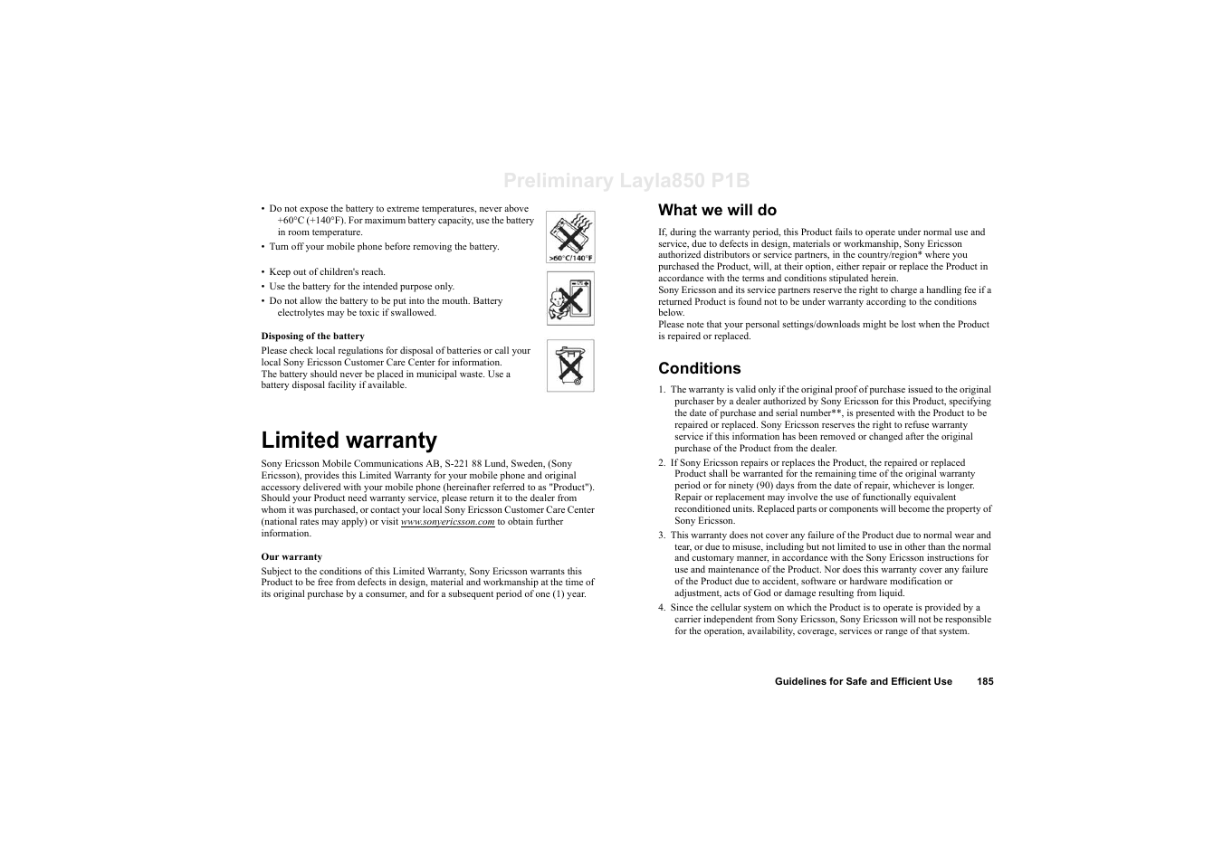 Limited warranty, What we will do, Conditions | Preliminary layla850 p1b | Sony Ericsson P910a User Manual | Page 185 / 203