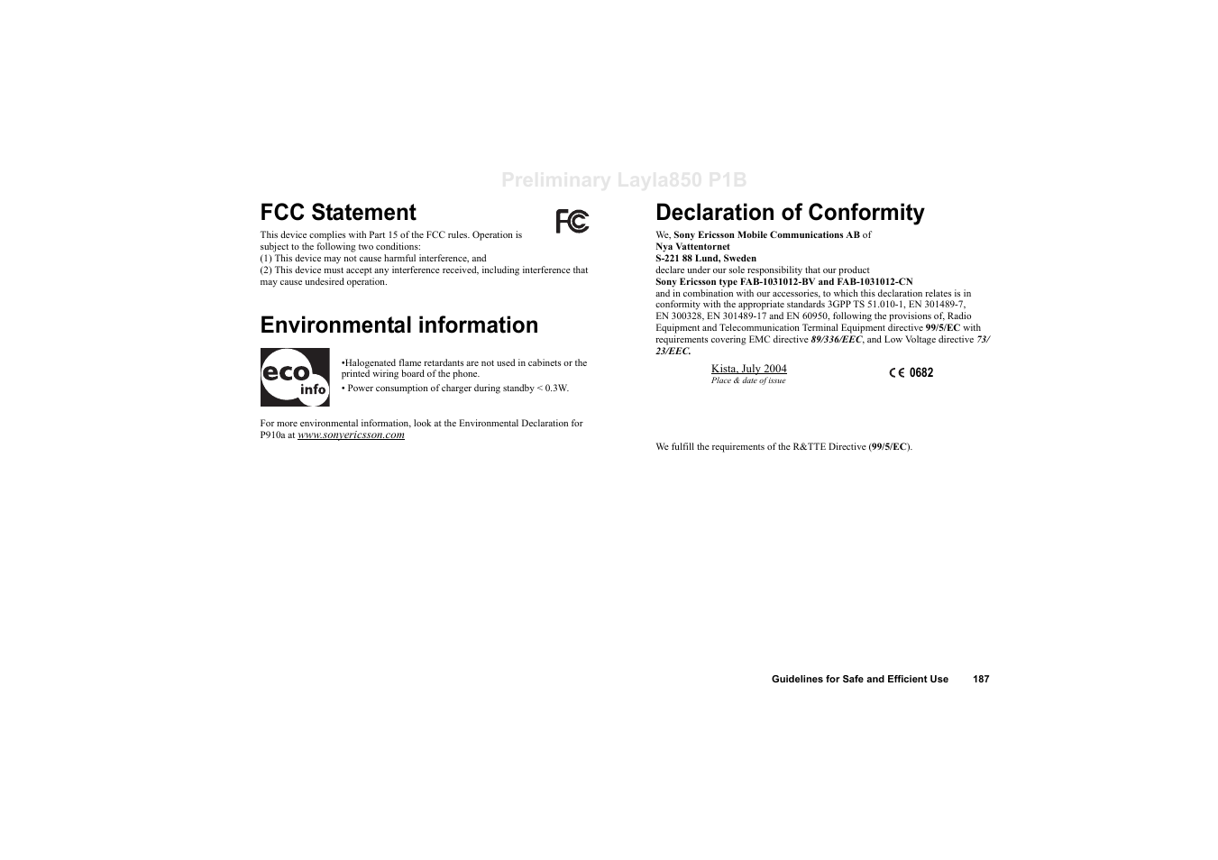 Fcc statement, Environmental information, Declaration of conformity | Preliminary layla850 p1b | Sony Ericsson P910a User Manual | Page 187 / 203