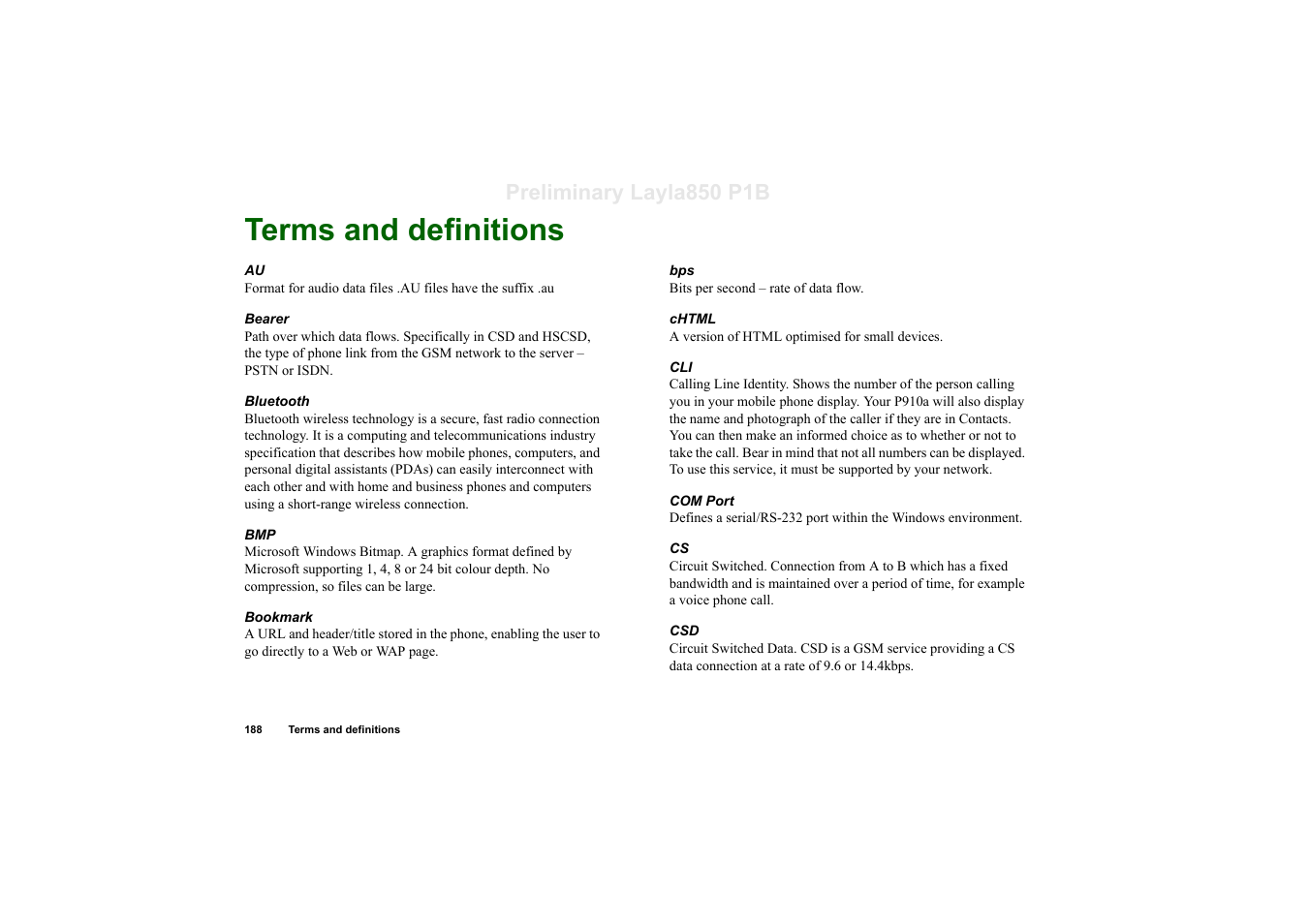 Terms and definitions, Preliminary layla850 p1b | Sony Ericsson P910a User Manual | Page 188 / 203