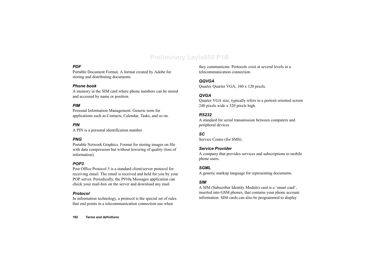 Preliminary layla850 p1b | Sony Ericsson P910a User Manual | Page 192 / 203