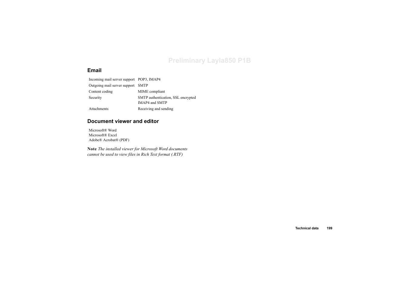 Email, Document viewer and editor, Preliminary layla850 p1b | Sony Ericsson P910a User Manual | Page 199 / 203