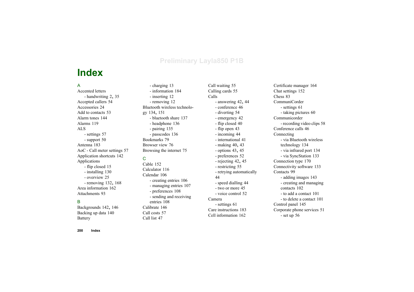 Index, Preliminary layla850 p1b | Sony Ericsson P910a User Manual | Page 200 / 203