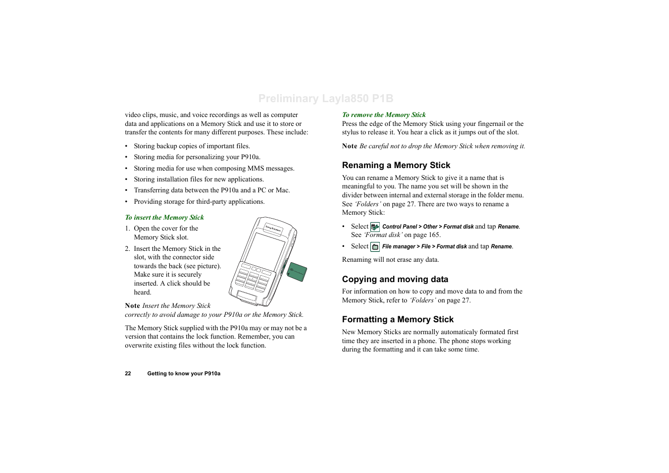 Renaming a memory stick, Copying and moving data, Formatting a memory stick | Preliminary layla850 p1b | Sony Ericsson P910a User Manual | Page 22 / 203