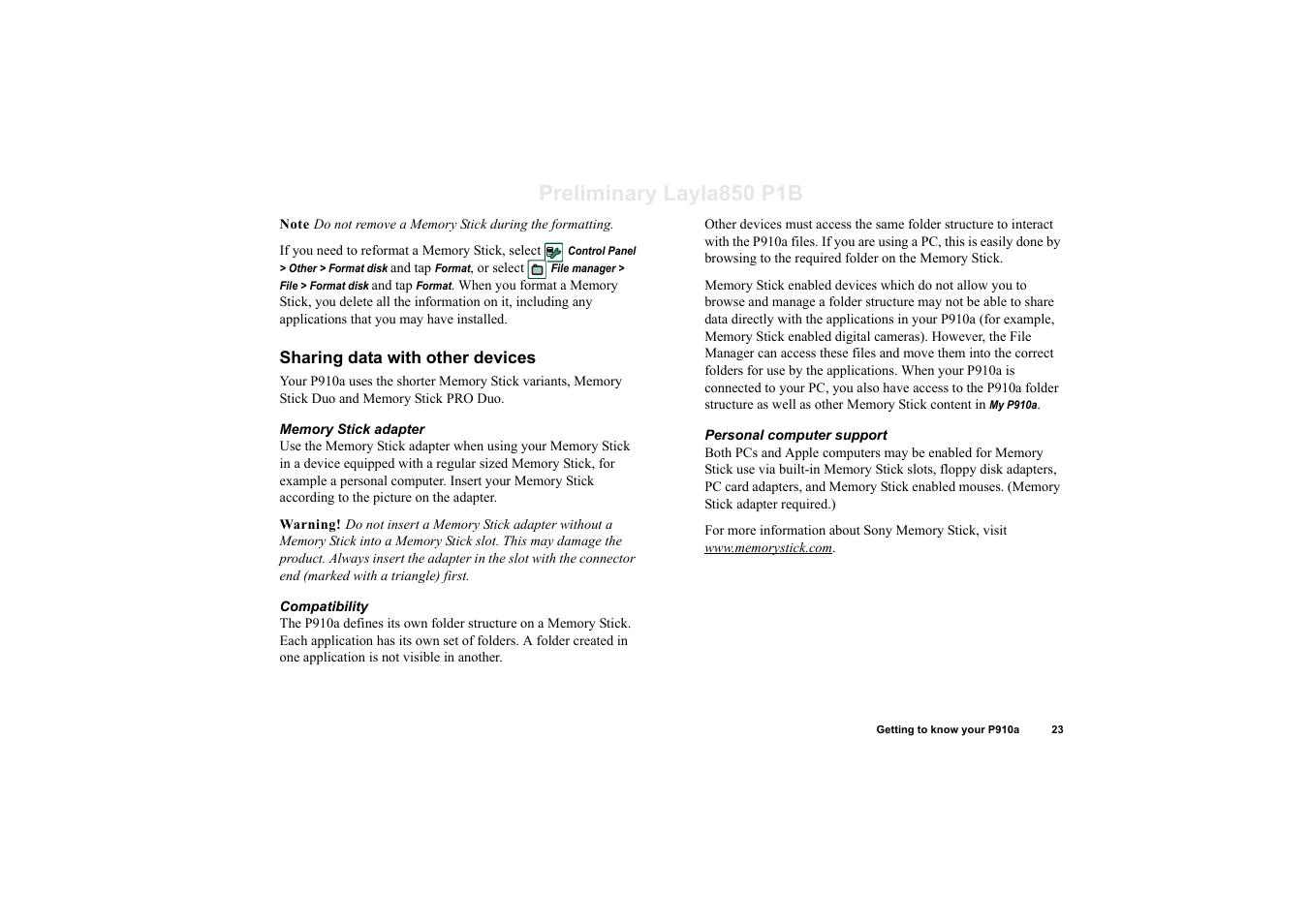 Sharing data with other devices, Preliminary layla850 p1b | Sony Ericsson P910a User Manual | Page 23 / 203