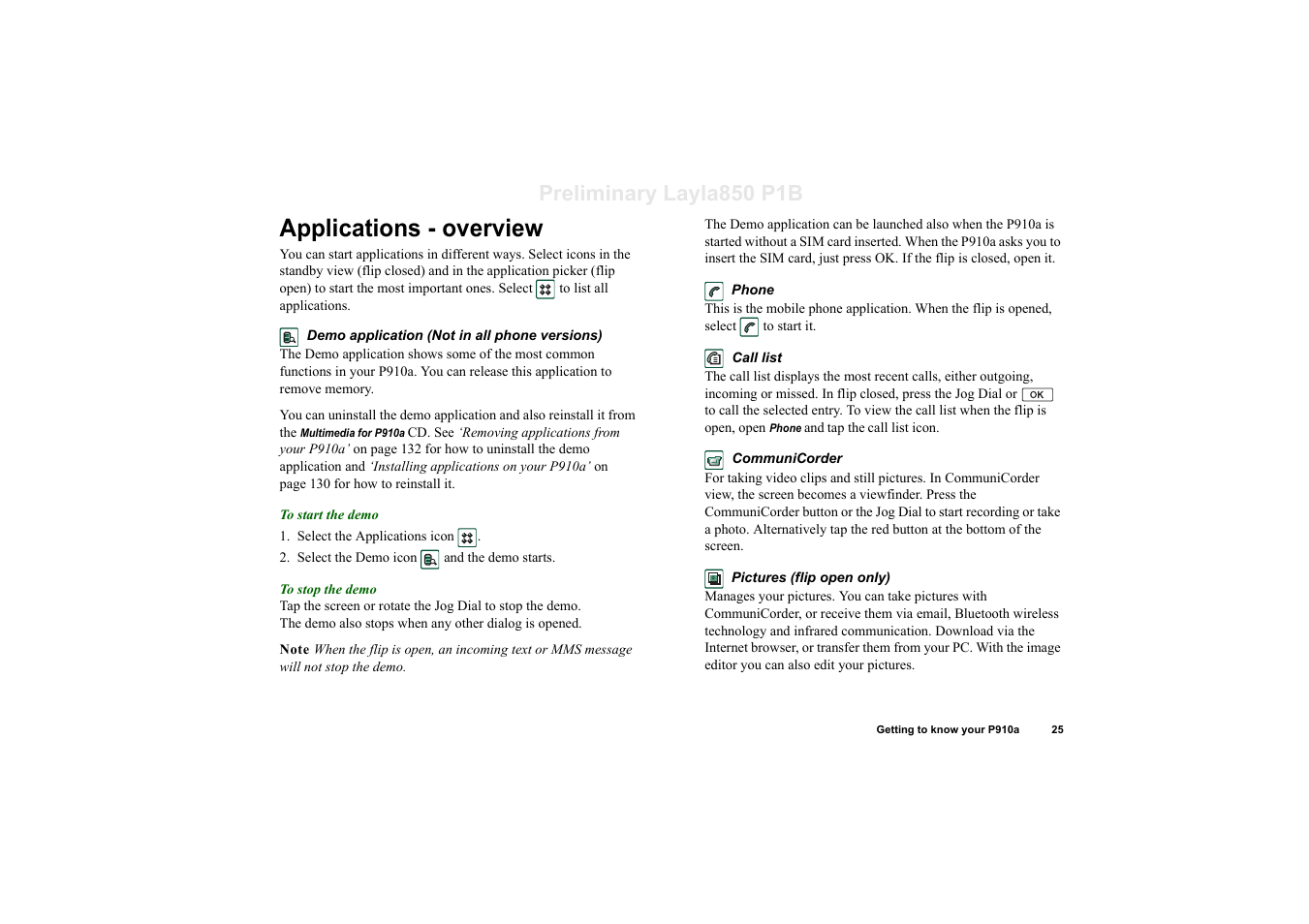 Applications - overview, Preliminary layla850 p1b | Sony Ericsson P910a User Manual | Page 25 / 203