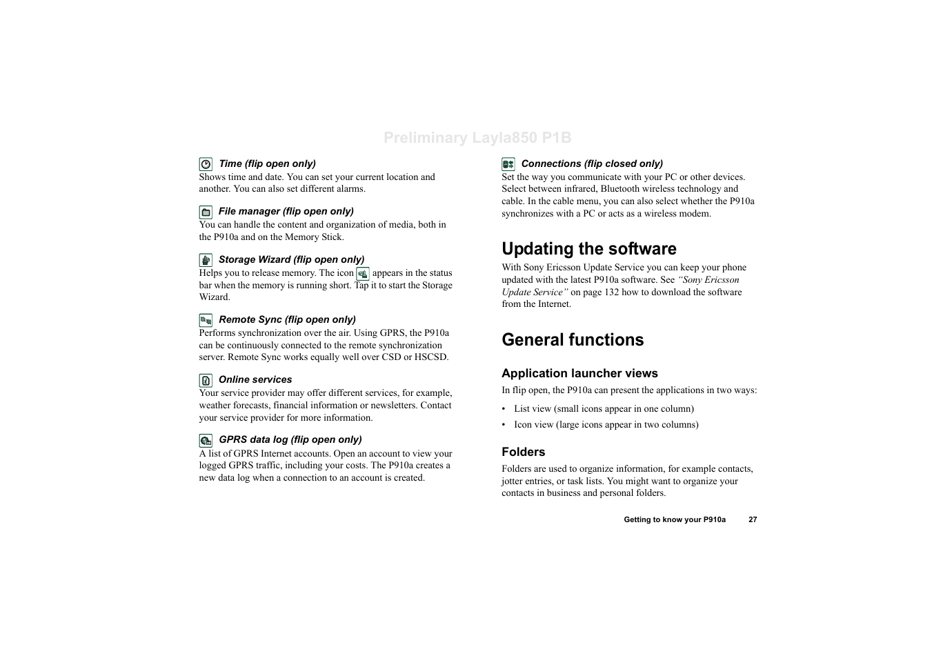 Updating the software, General functions, Application launcher views | Folders, Updating the software general functions, Preliminary layla850 p1b | Sony Ericsson P910a User Manual | Page 27 / 203