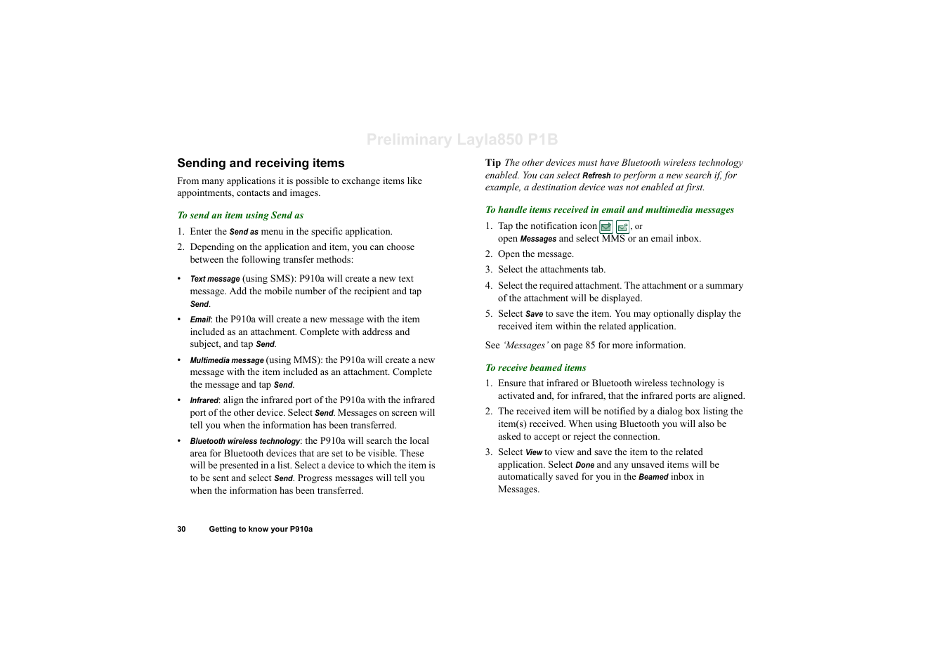 Sending and receiving items, Preliminary layla850 p1b | Sony Ericsson P910a User Manual | Page 30 / 203