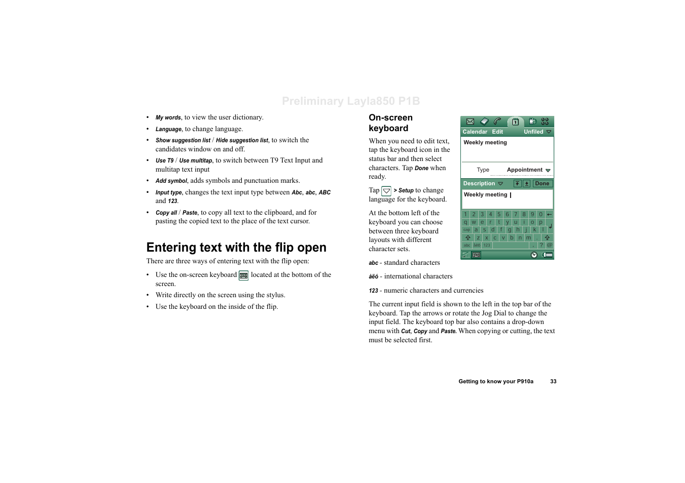 Entering text with the flip open, On-screen keyboard, Preliminary layla850 p1b | Sony Ericsson P910a User Manual | Page 33 / 203