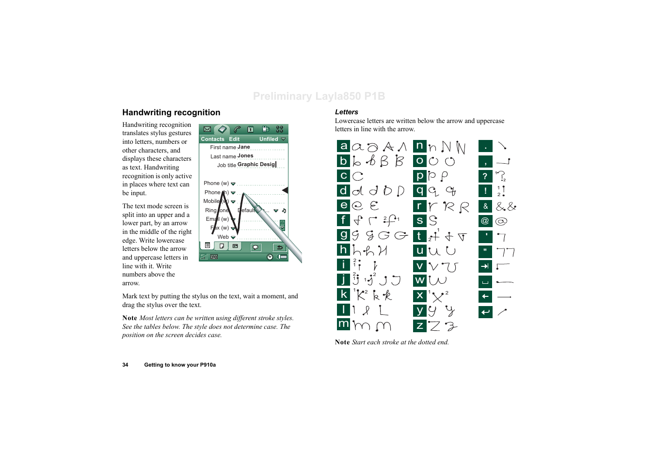 Handwriting recognition, Preliminary layla850 p1b | Sony Ericsson P910a User Manual | Page 34 / 203