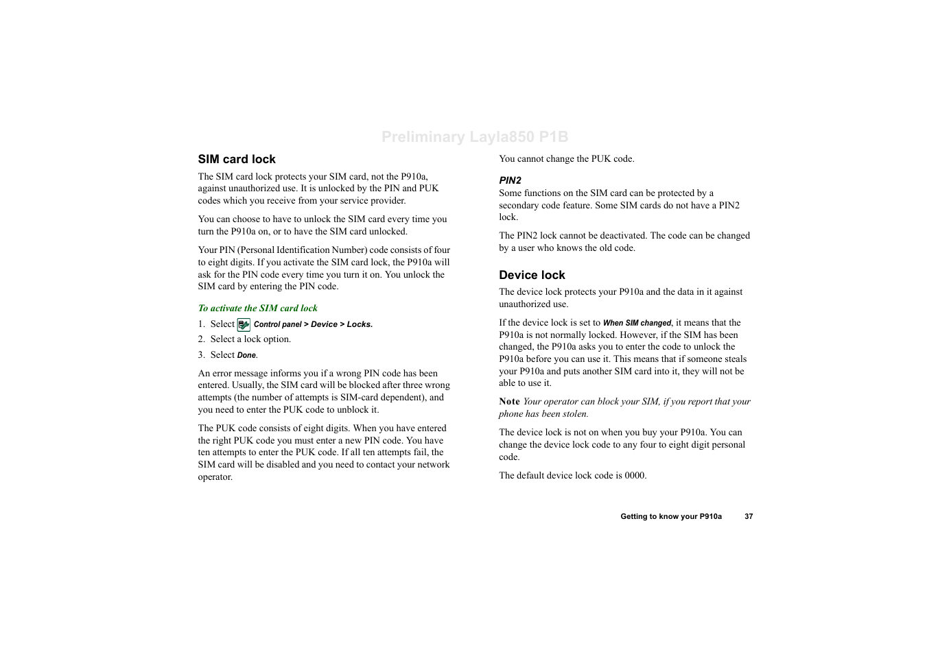 Sim card lock, Device lock, Preliminary layla850 p1b | Sony Ericsson P910a User Manual | Page 37 / 203