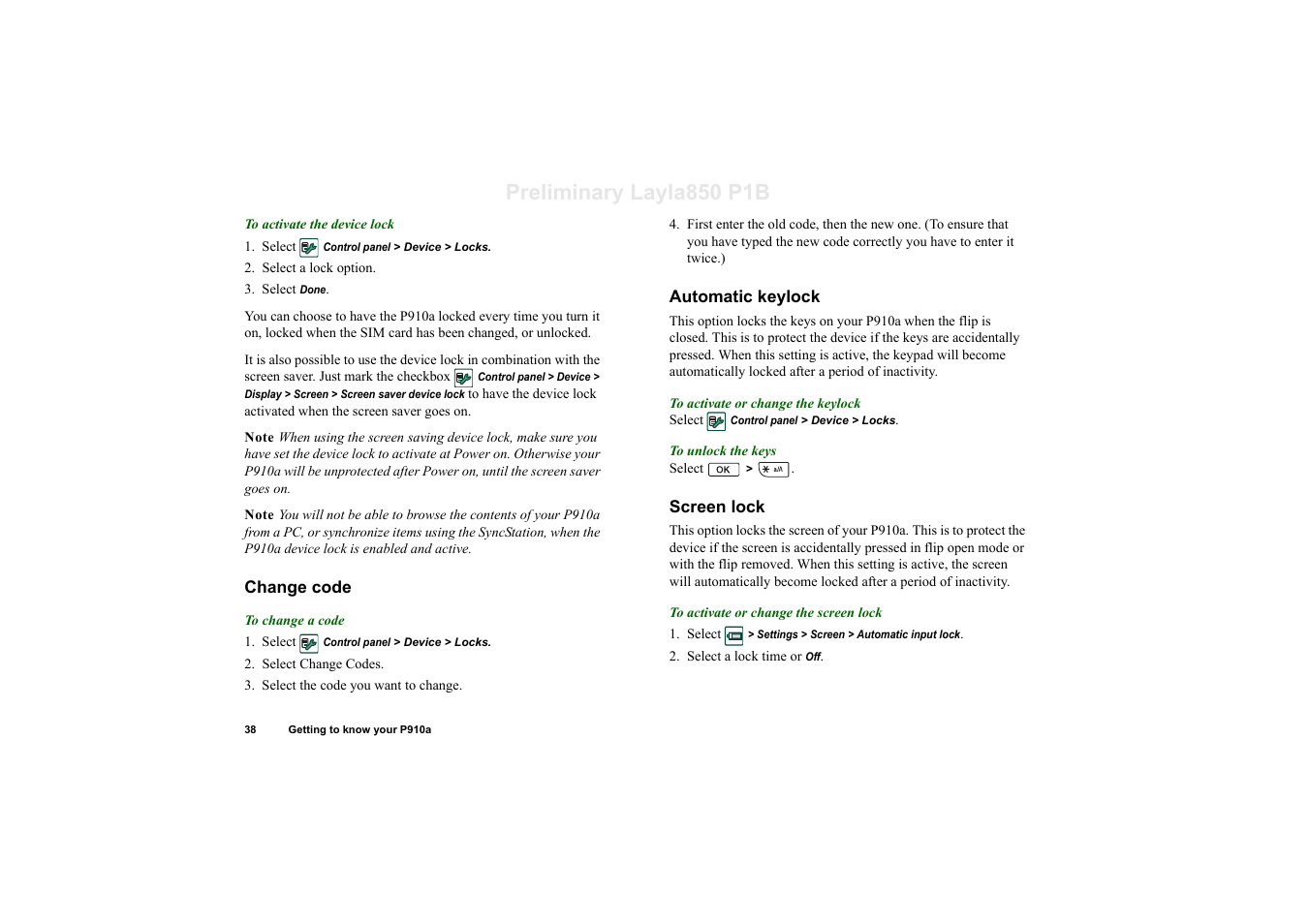 Change code, Automatic keylock, Screen lock | Preliminary layla850 p1b | Sony Ericsson P910a User Manual | Page 38 / 203