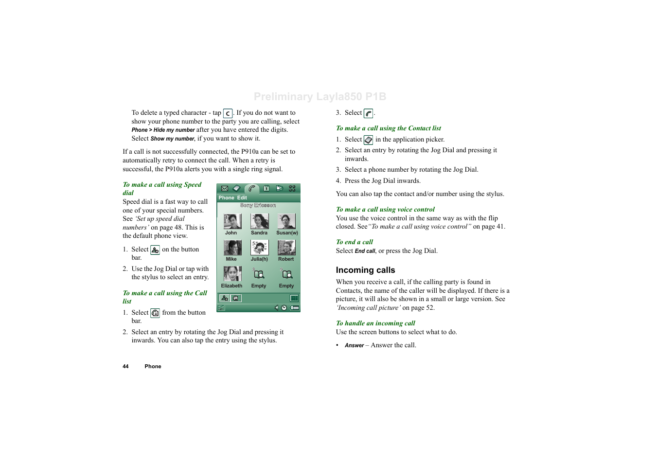 Incoming calls, Preliminary layla850 p1b | Sony Ericsson P910a User Manual | Page 44 / 203