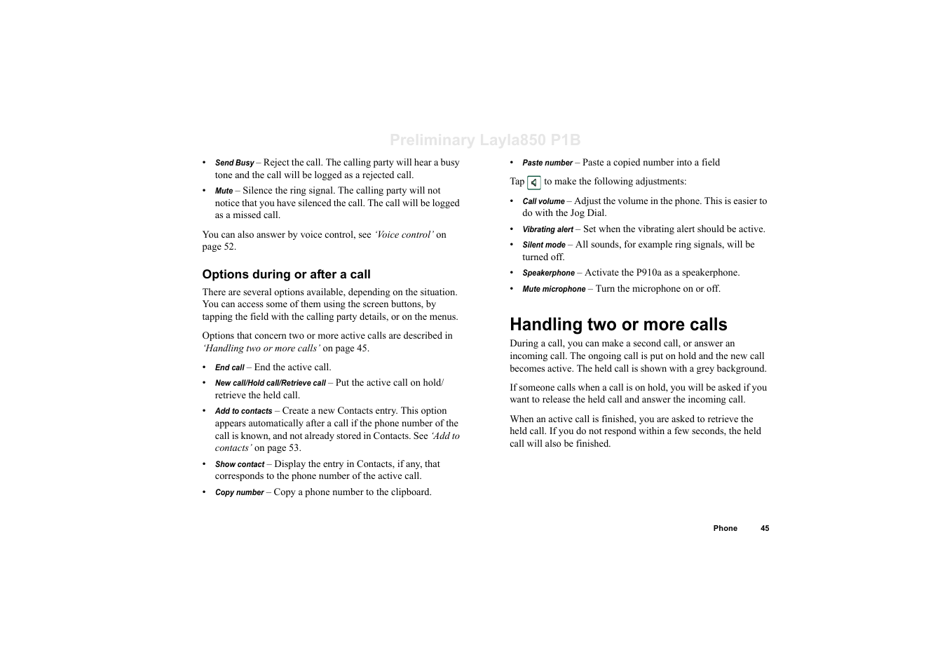 Options during or after a call, Handling two or more calls, Preliminary layla850 p1b | Sony Ericsson P910a User Manual | Page 45 / 203