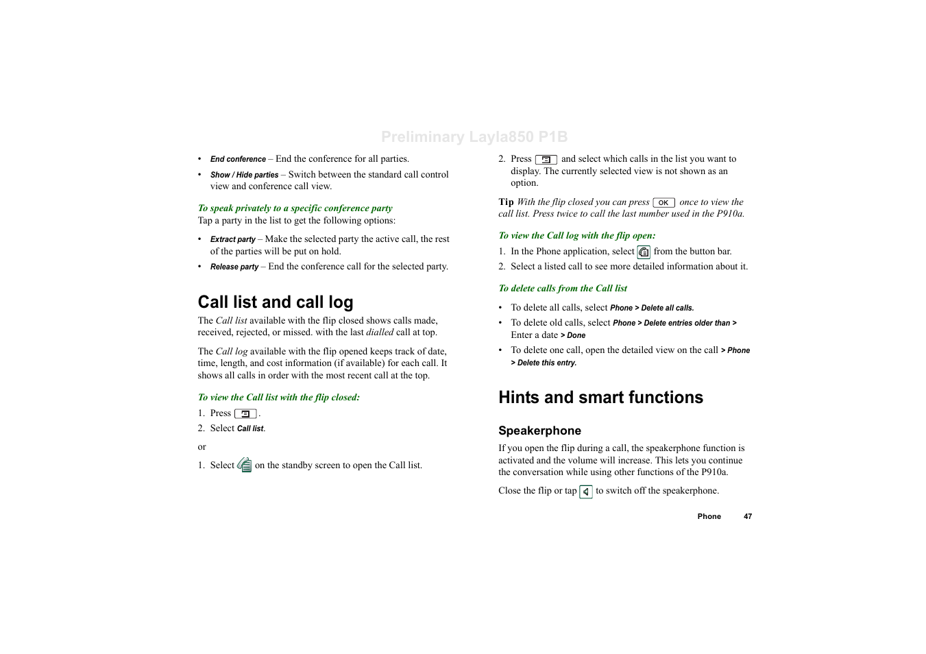 Call list and call log, Hints and smart functions, Speakerphone | Call list and call log hints and smart functions, Preliminary layla850 p1b | Sony Ericsson P910a User Manual | Page 47 / 203