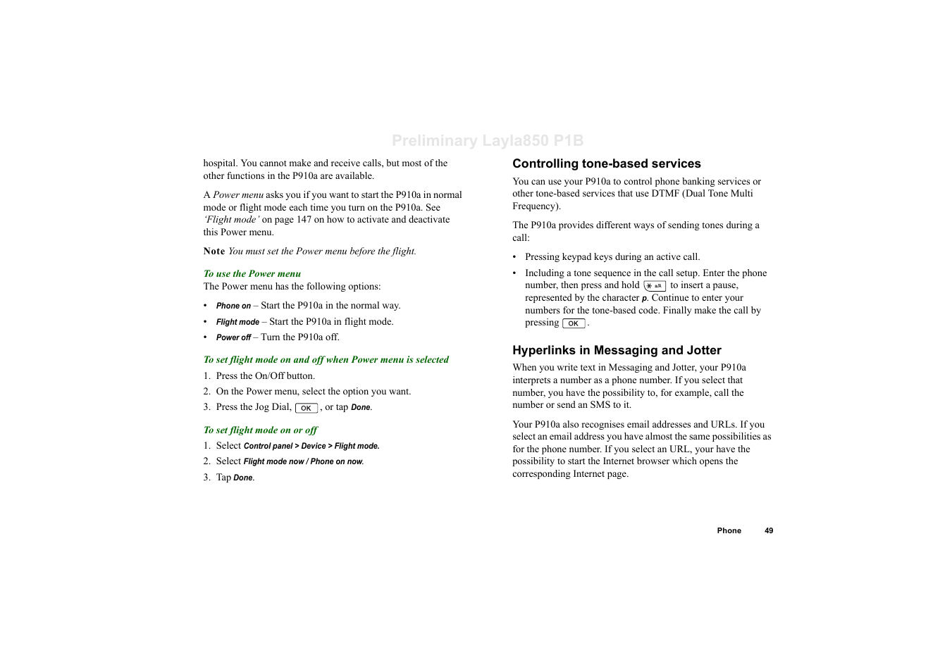Controlling tone-based services, Hyperlinks in messaging and jotter, Preliminary layla850 p1b | Sony Ericsson P910a User Manual | Page 49 / 203