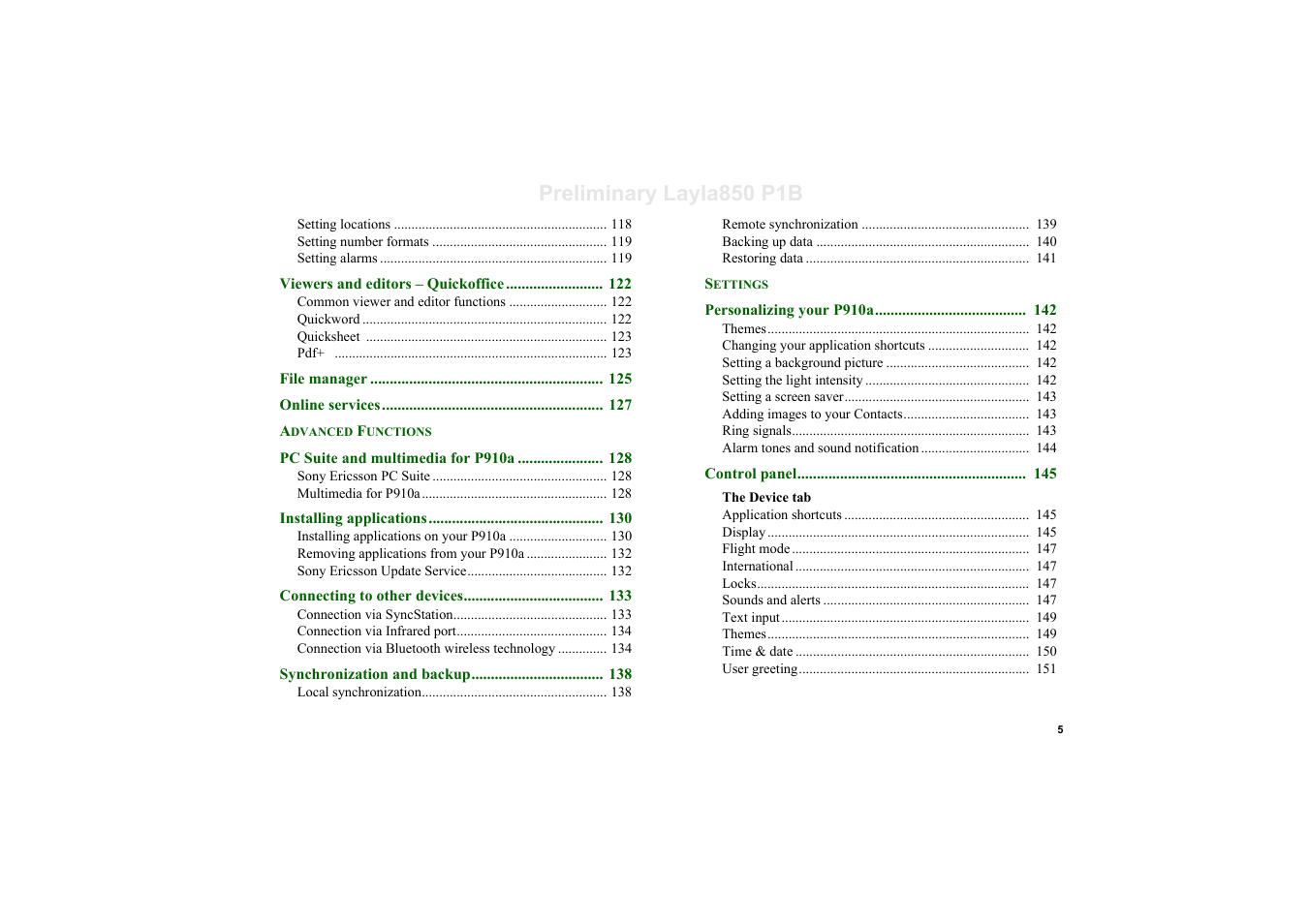 Preliminary layla850 p1b | Sony Ericsson P910a User Manual | Page 5 / 203