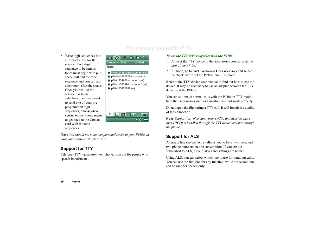 Support for tty, Support for als, Preliminary layla850 p1b | Sony Ericsson P910a User Manual | Page 50 / 203