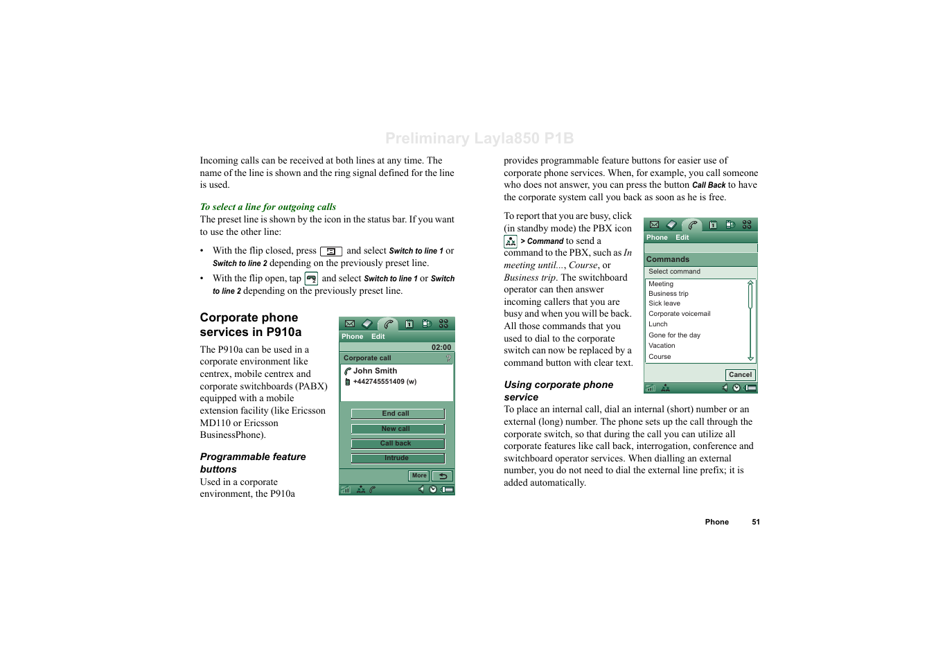 Corporate phone services in p910a, Preliminary layla850 p1b | Sony Ericsson P910a User Manual | Page 51 / 203