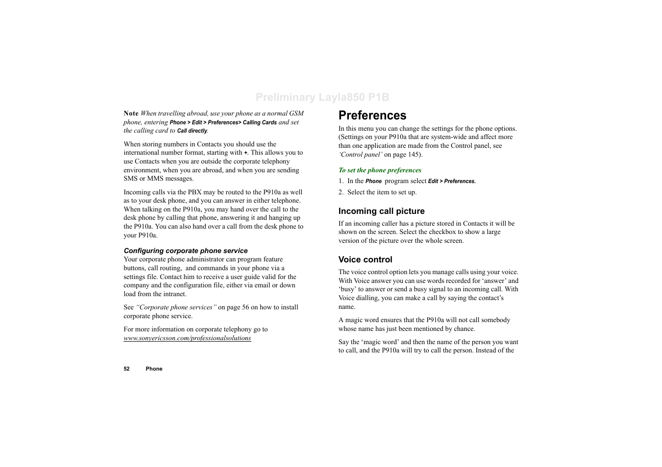 Preferences, Incoming call picture, Voice control | Preliminary layla850 p1b | Sony Ericsson P910a User Manual | Page 52 / 203