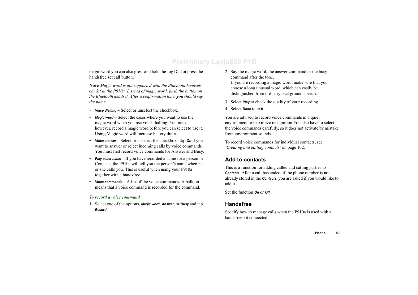 Add to contacts, Handsfree, Preliminary layla850 p1b | Sony Ericsson P910a User Manual | Page 53 / 203