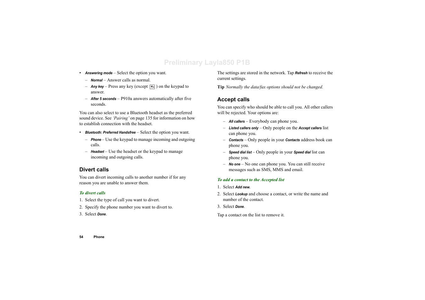 Divert calls, Accept calls, Preliminary layla850 p1b | Sony Ericsson P910a User Manual | Page 54 / 203