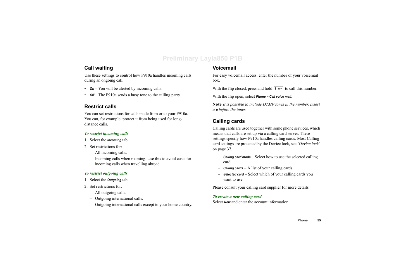 Call waiting, Restrict calls, Voicemail | Calling cards, Preliminary layla850 p1b | Sony Ericsson P910a User Manual | Page 55 / 203