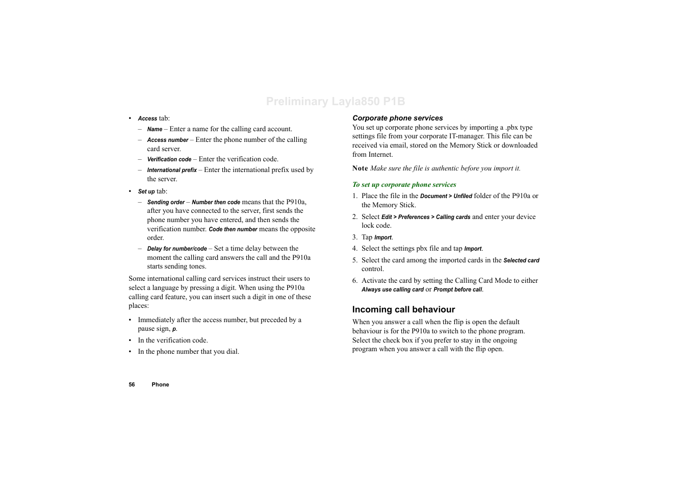 Incoming call behaviour, Preliminary layla850 p1b | Sony Ericsson P910a User Manual | Page 56 / 203