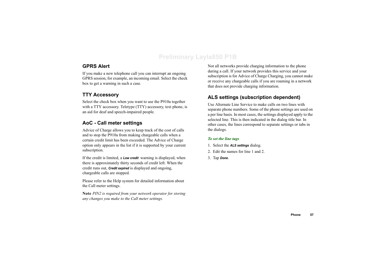 Gprs alert, Tty accessory, Aoc - call meter settings | Als settings (subscription dependent), Preliminary layla850 p1b | Sony Ericsson P910a User Manual | Page 57 / 203