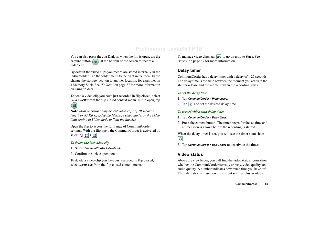 Delay timer, Video status, Preliminary layla850 p1b | Sony Ericsson P910a User Manual | Page 59 / 203