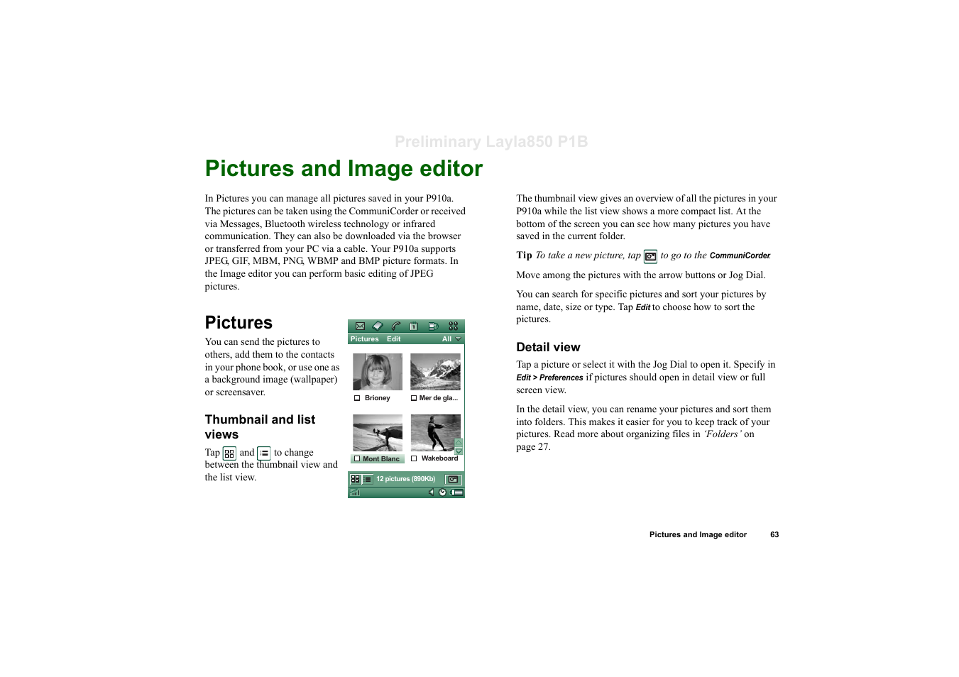 Pictures, Thumbnail and list views, Detail view | Pictures and image editor, Preliminary layla850 p1b | Sony Ericsson P910a User Manual | Page 63 / 203
