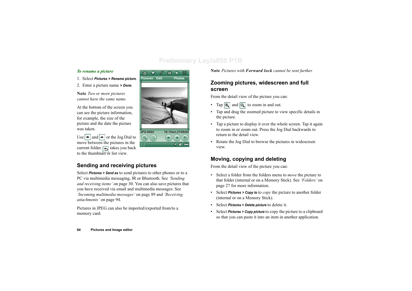 Sending and receiving pictures, Zooming pictures, widescreen and full screen, Moving, copying and deleting | Preliminary layla850 p1b | Sony Ericsson P910a User Manual | Page 64 / 203