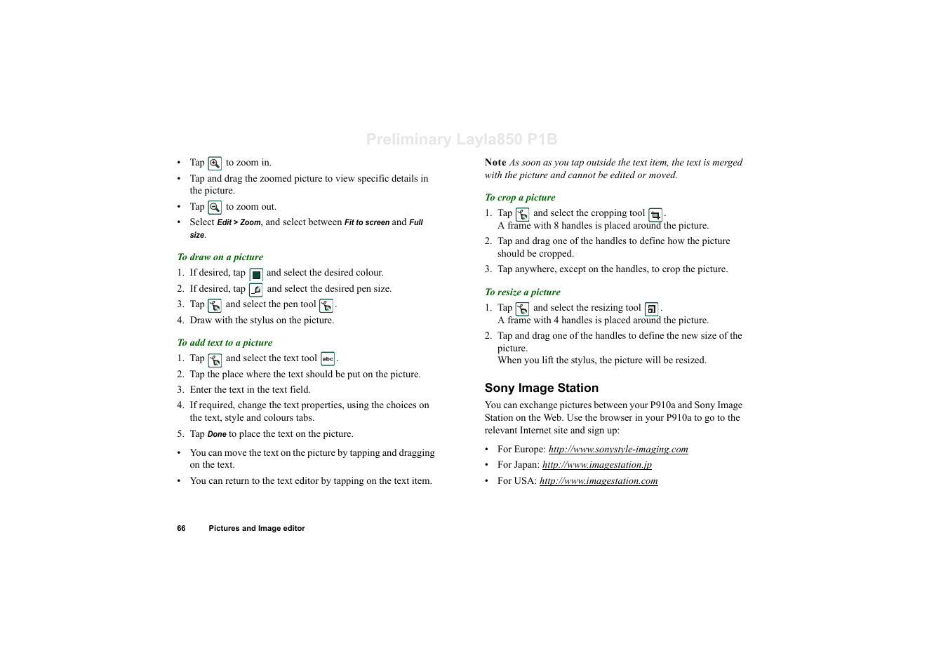 Sony image station, Preliminary layla850 p1b | Sony Ericsson P910a User Manual | Page 66 / 203
