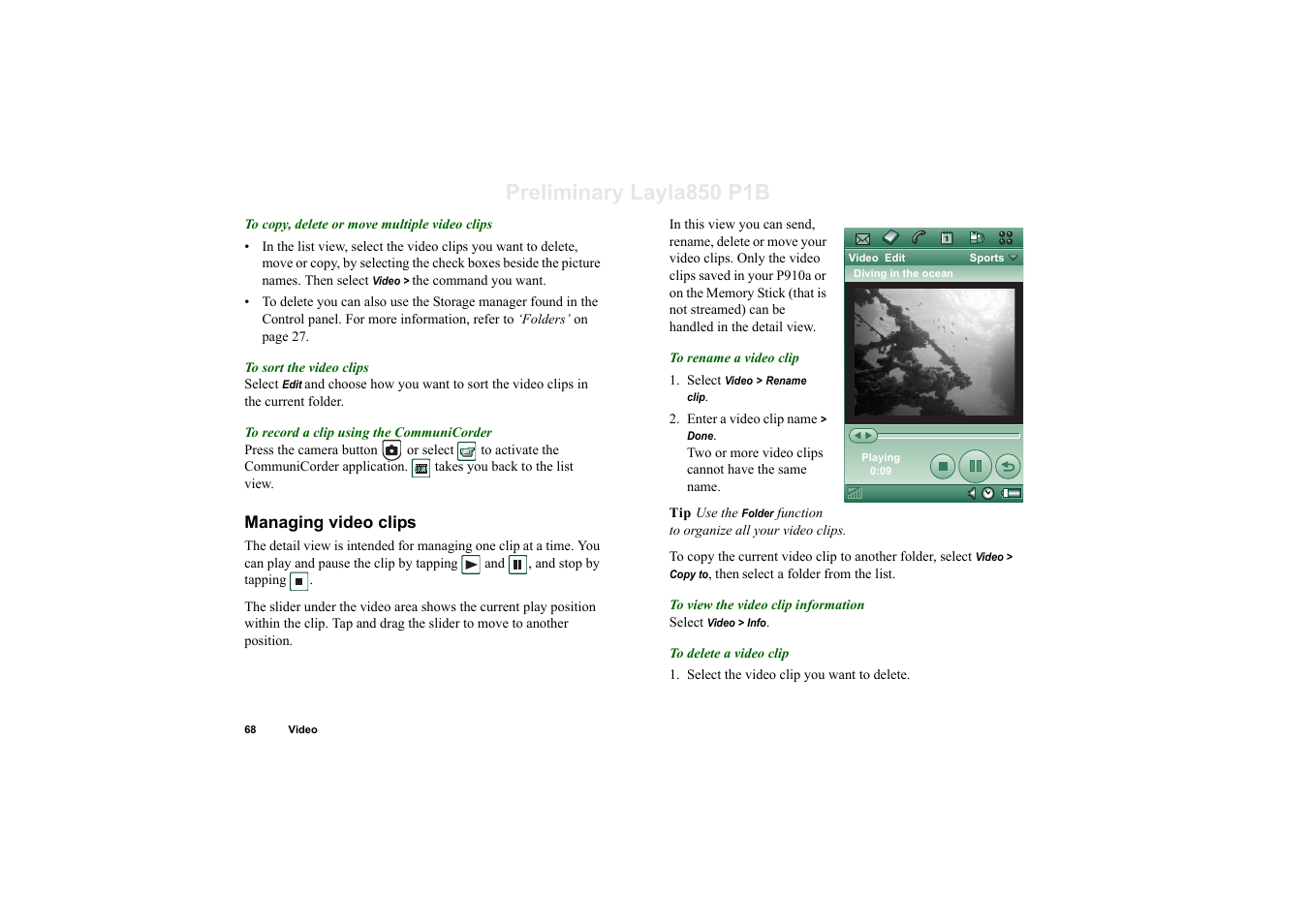 Managing video clips, Preliminary layla850 p1b | Sony Ericsson P910a User Manual | Page 68 / 203