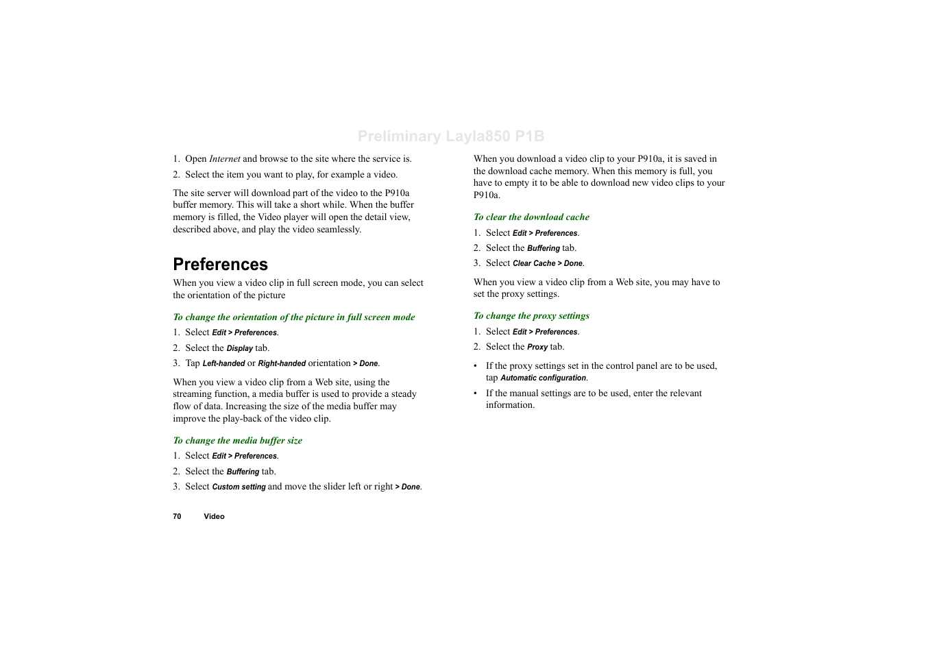 Preferences, Preliminary layla850 p1b | Sony Ericsson P910a User Manual | Page 70 / 203