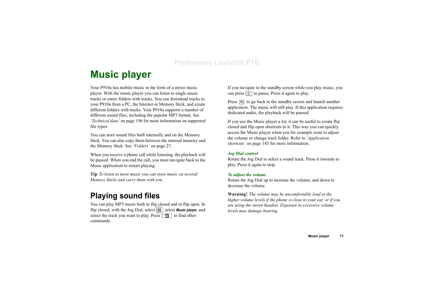 Music player, Playing sound files, Preliminary layla850 p1b | Sony Ericsson P910a User Manual | Page 71 / 203