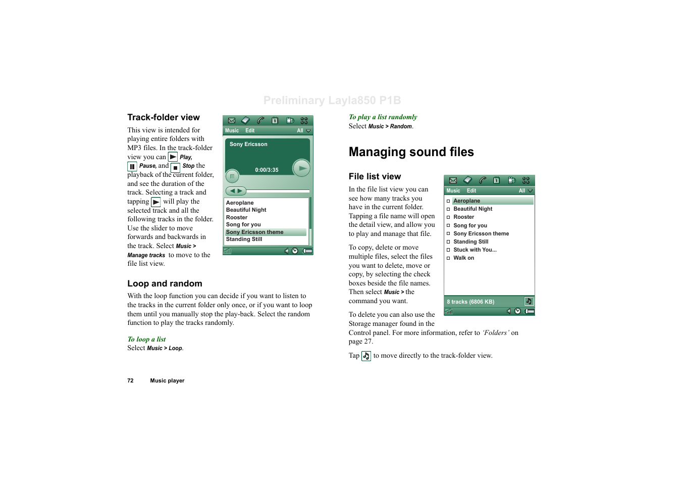 Track-folder view, Loop and random, Managing sound files | File list view, Preliminary layla850 p1b | Sony Ericsson P910a User Manual | Page 72 / 203