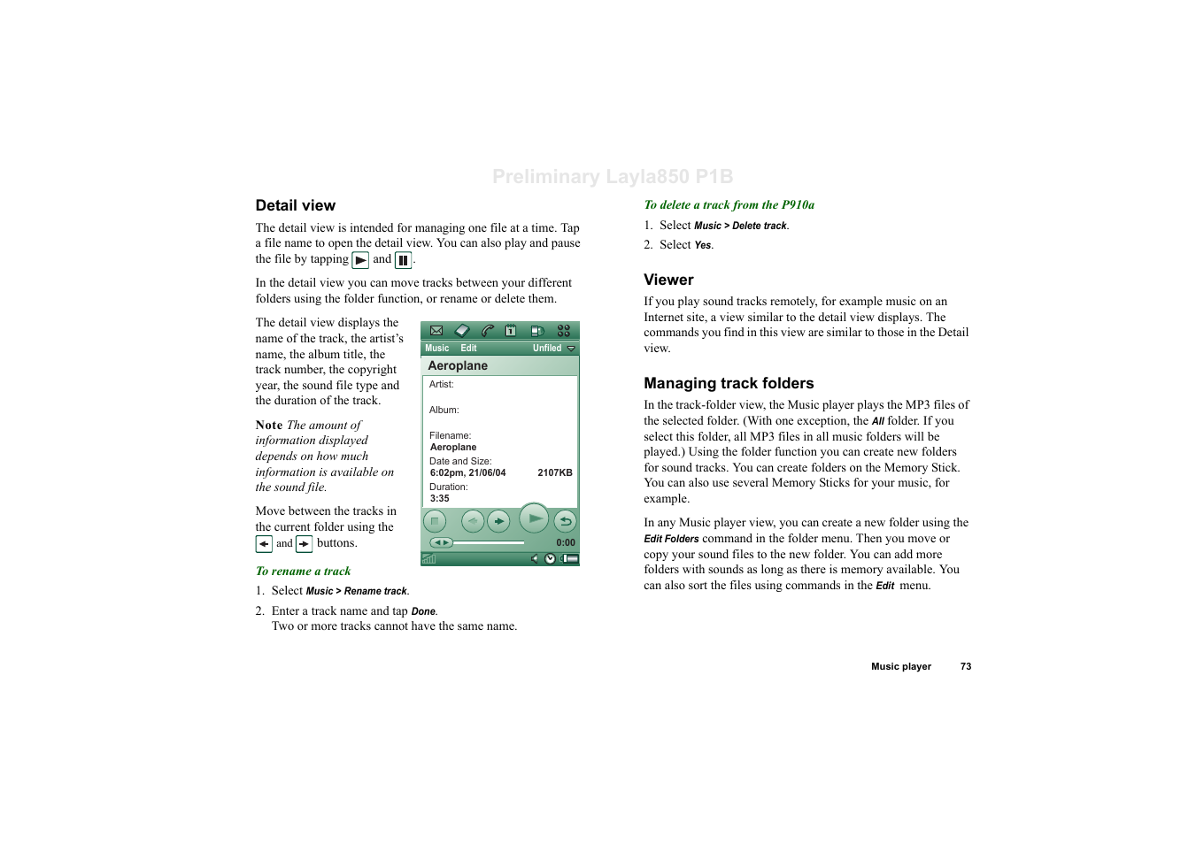 Detail view, Viewer, Managing track folders | Preliminary layla850 p1b | Sony Ericsson P910a User Manual | Page 73 / 203