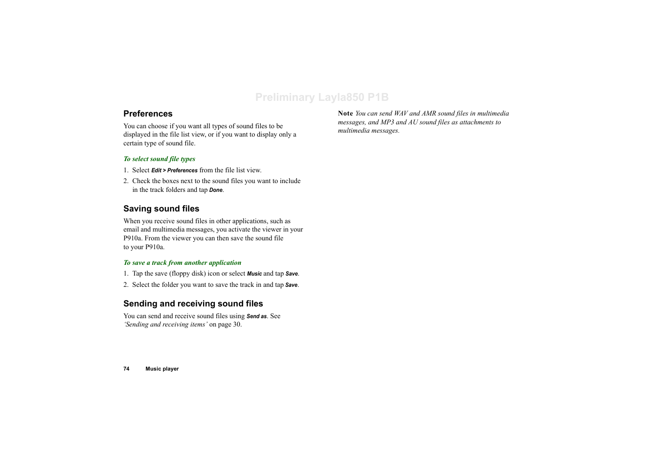 Preferences, Saving sound files, Sending and receiving sound files | Preliminary layla850 p1b | Sony Ericsson P910a User Manual | Page 74 / 203