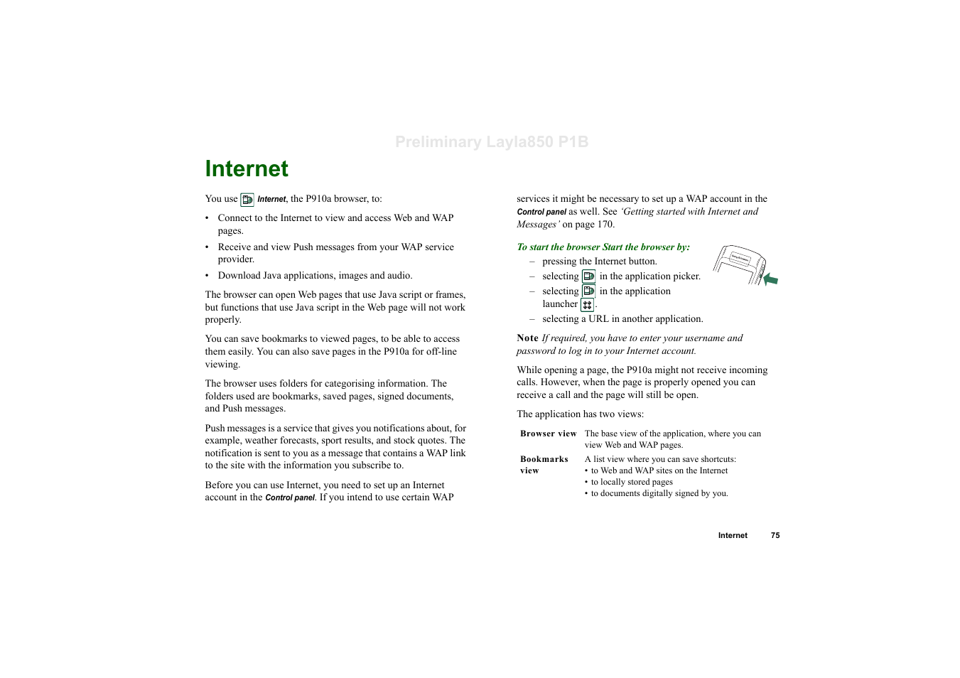 Internet, Preliminary layla850 p1b | Sony Ericsson P910a User Manual | Page 75 / 203