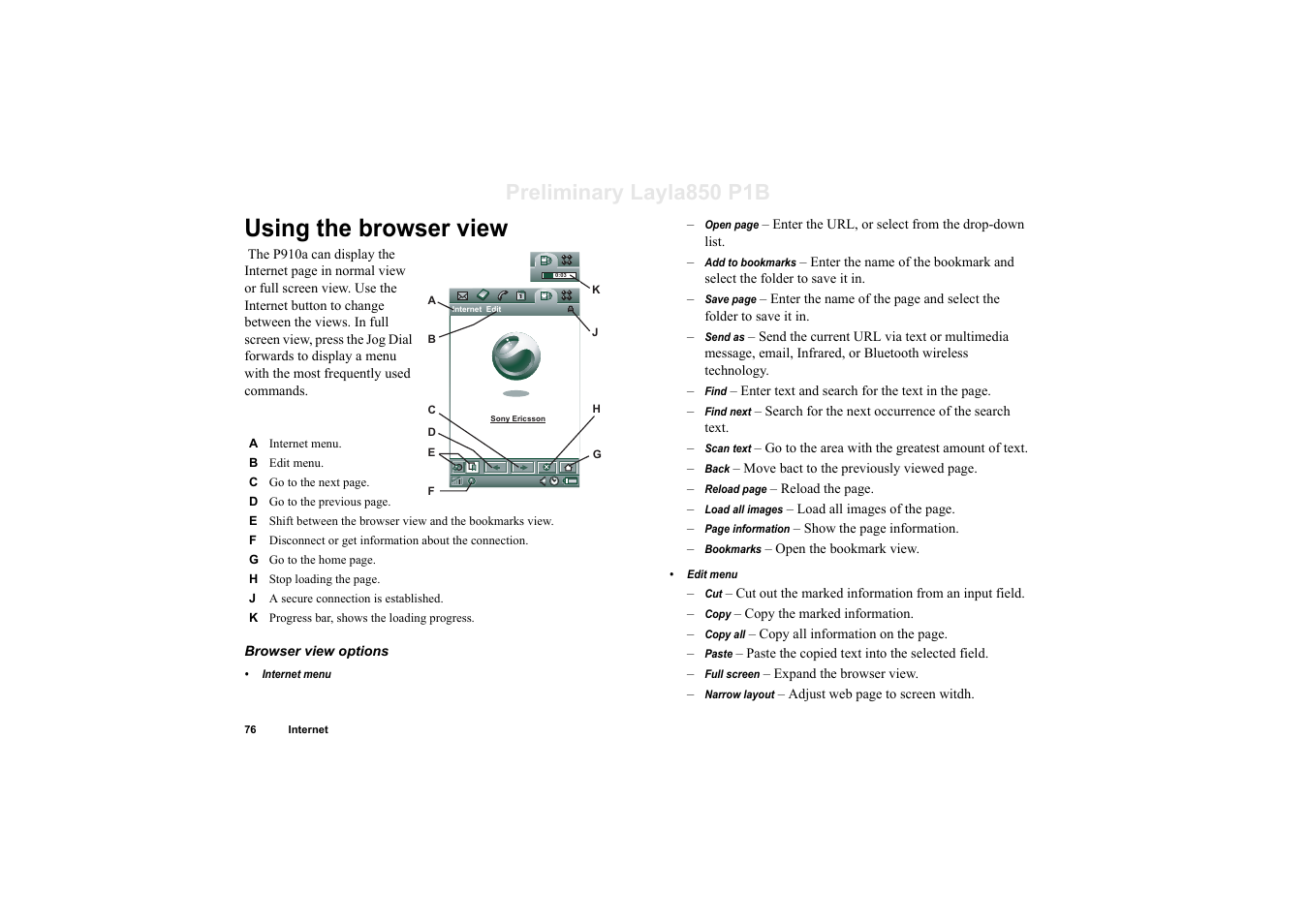 Using the browser view, Preliminary layla850 p1b | Sony Ericsson P910a User Manual | Page 76 / 203