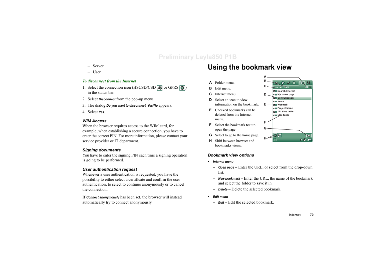 Using the bookmark view, Preliminary layla850 p1b | Sony Ericsson P910a User Manual | Page 79 / 203