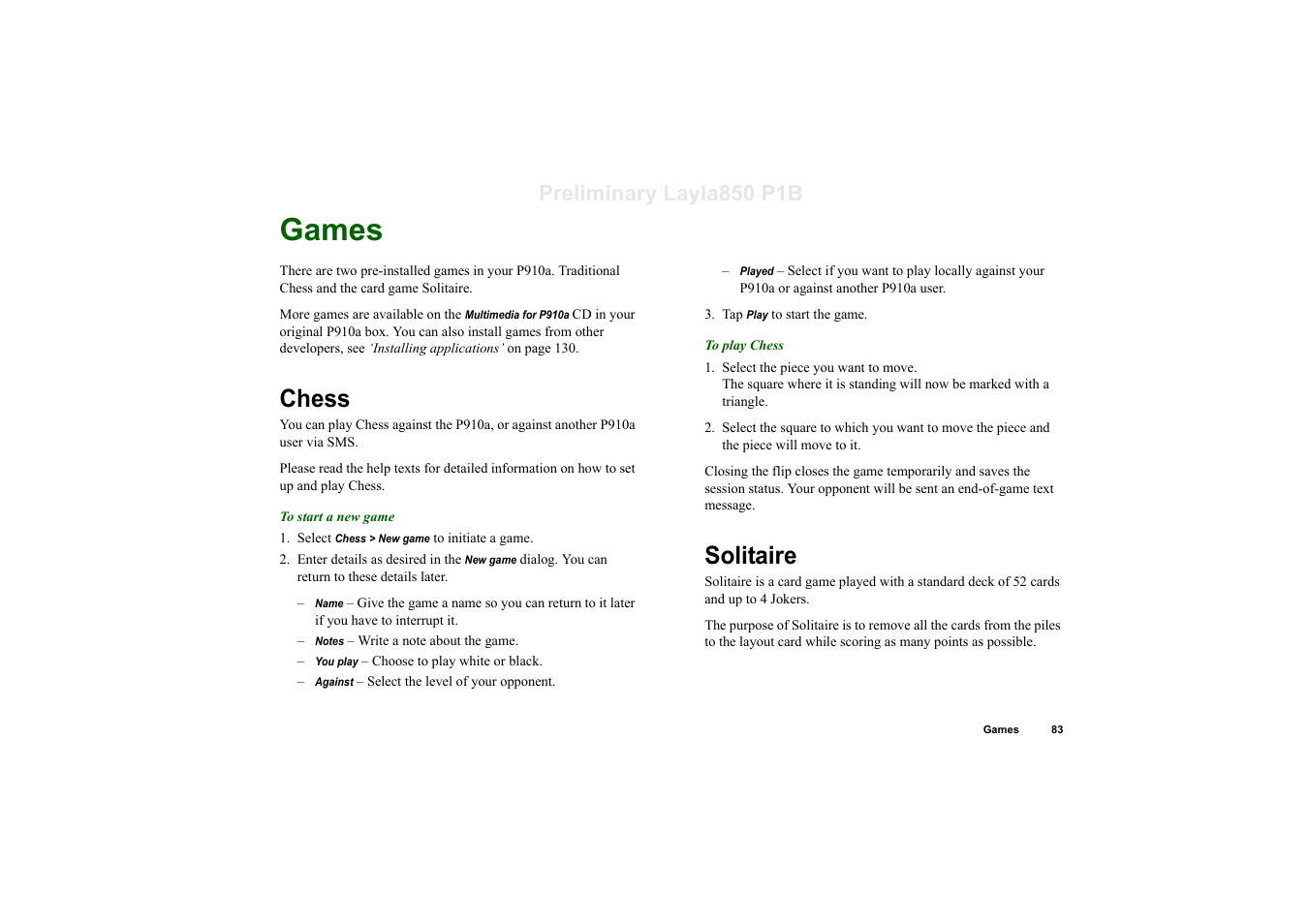 Games, Chess, Solitaire | Chess solitaire, Preliminary layla850 p1b | Sony Ericsson P910a User Manual | Page 83 / 203
