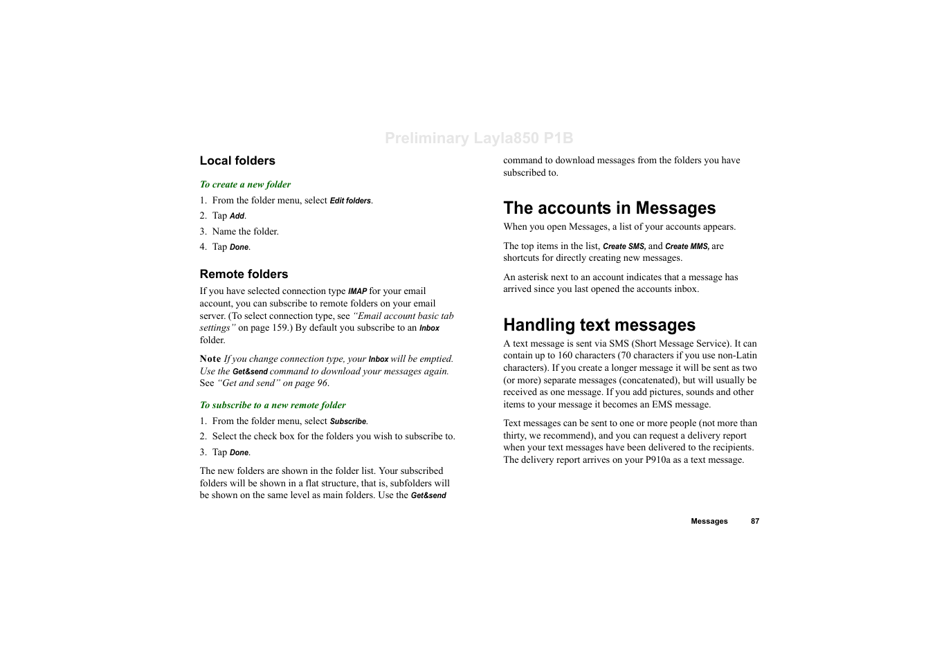 Local folders, Remote folders, The accounts in messages | Handling text messages, The accounts in messages handling text messages, Preliminary layla850 p1b | Sony Ericsson P910a User Manual | Page 87 / 203