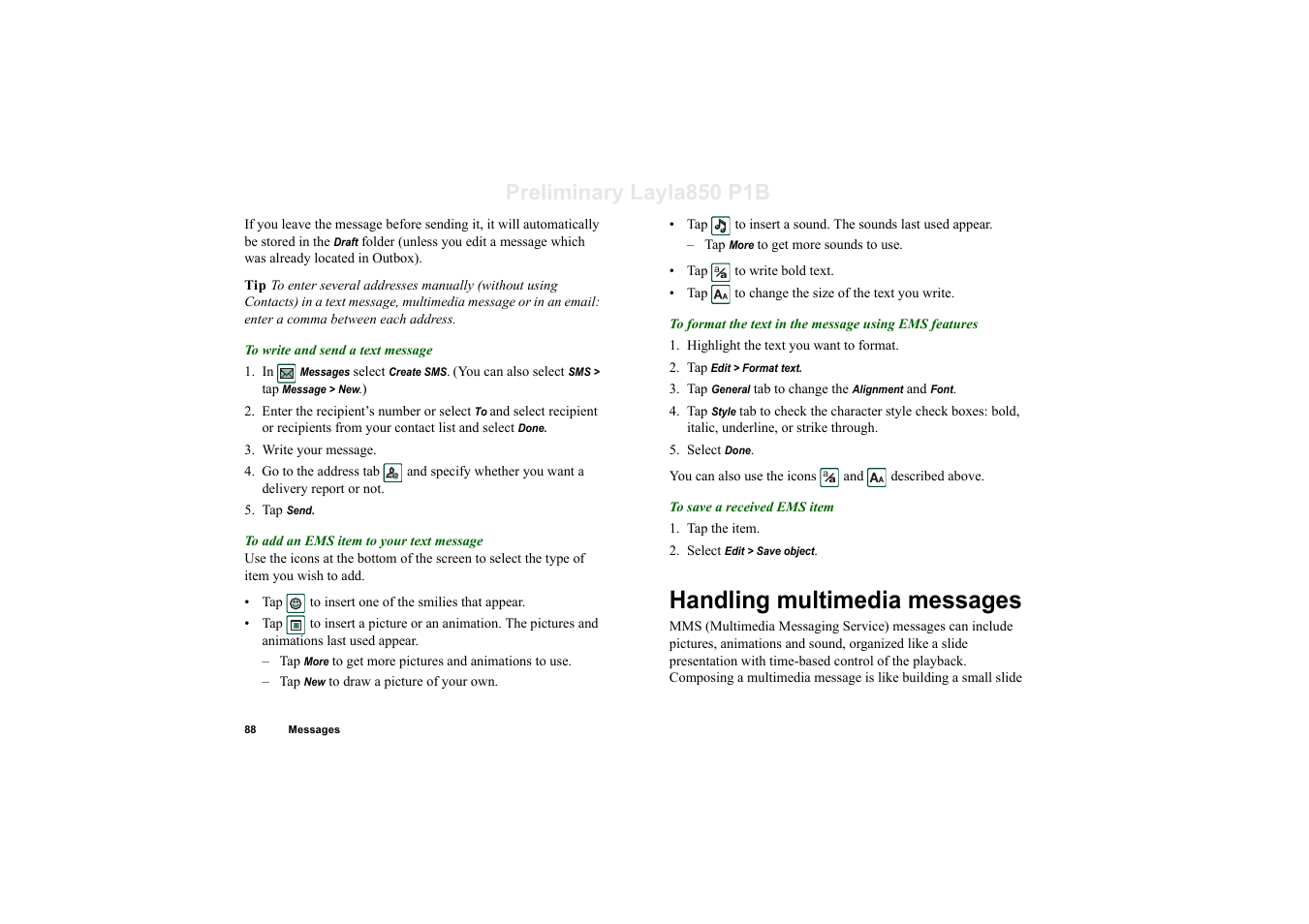 Handling multimedia messages, Preliminary layla850 p1b | Sony Ericsson P910a User Manual | Page 88 / 203