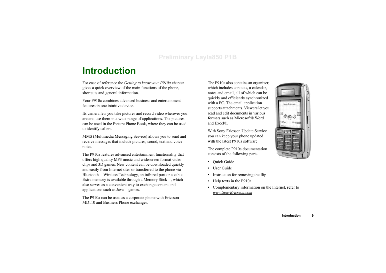 Verview, Introduction, Preliminary layla850 p1b | Sony Ericsson P910a User Manual | Page 9 / 203