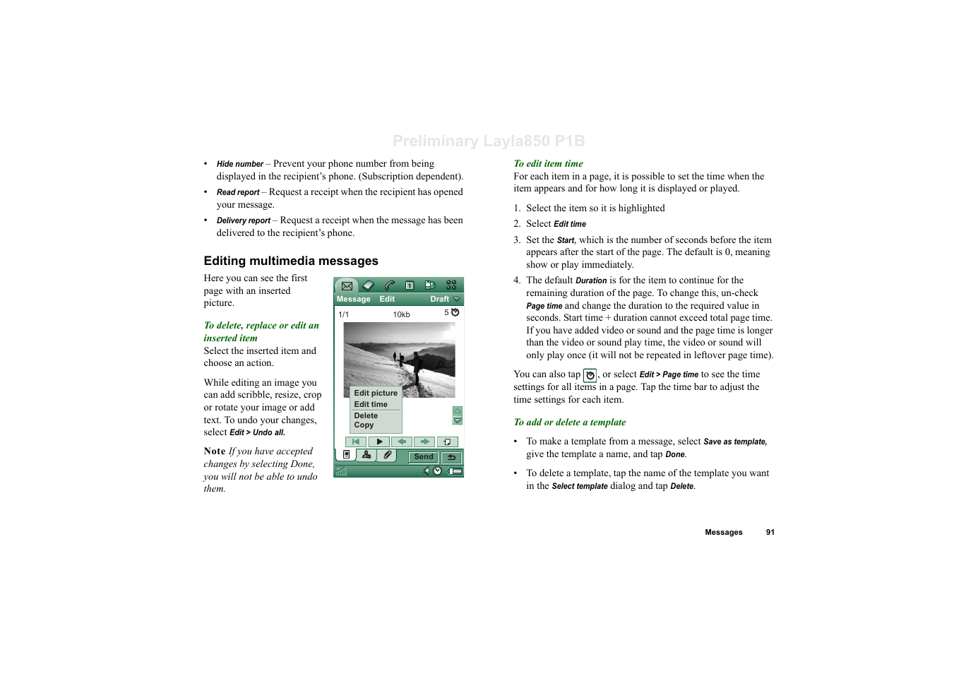 Editing multimedia messages, Preliminary layla850 p1b | Sony Ericsson P910a User Manual | Page 91 / 203