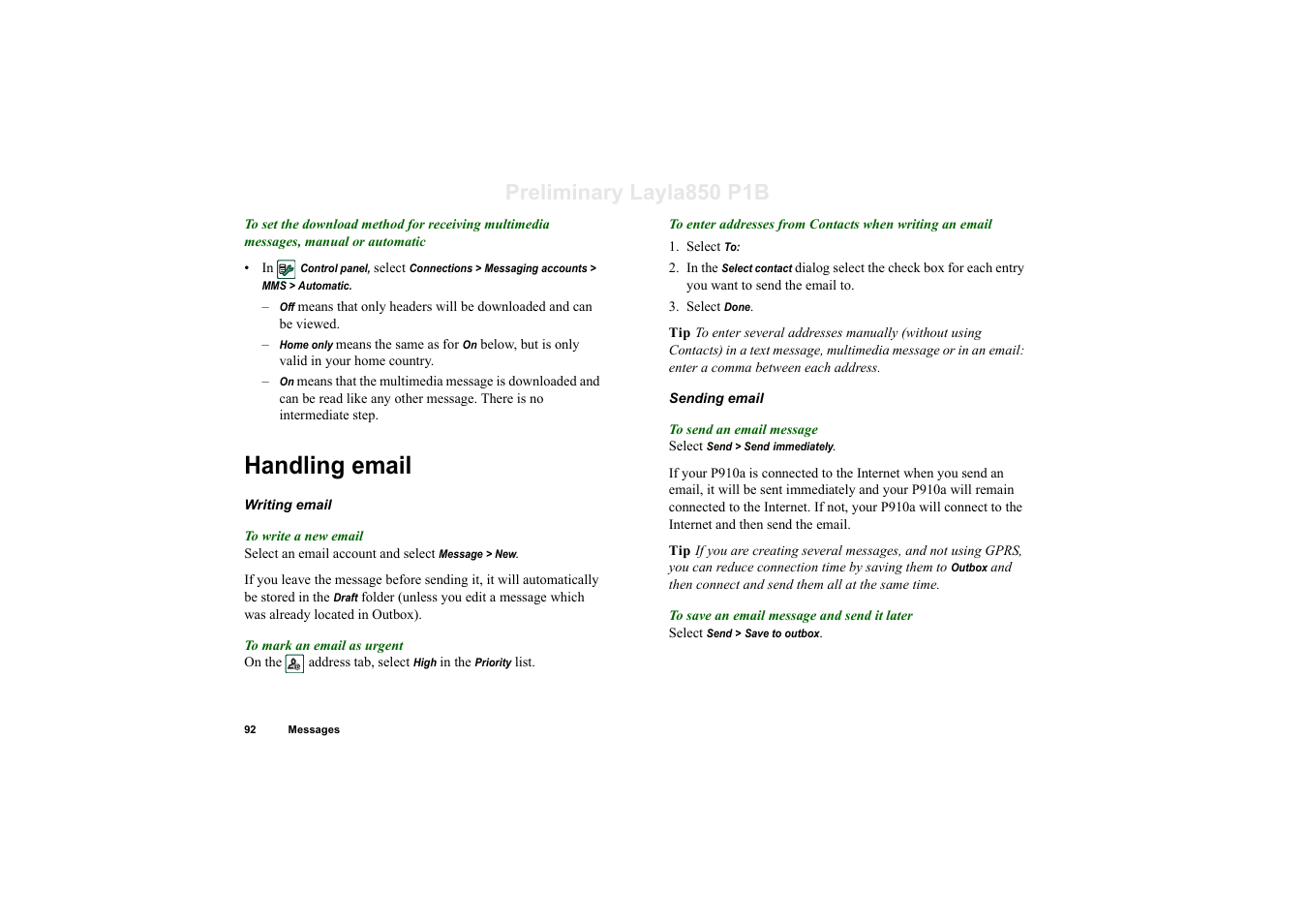 Handling email, Preliminary layla850 p1b | Sony Ericsson P910a User Manual | Page 92 / 203