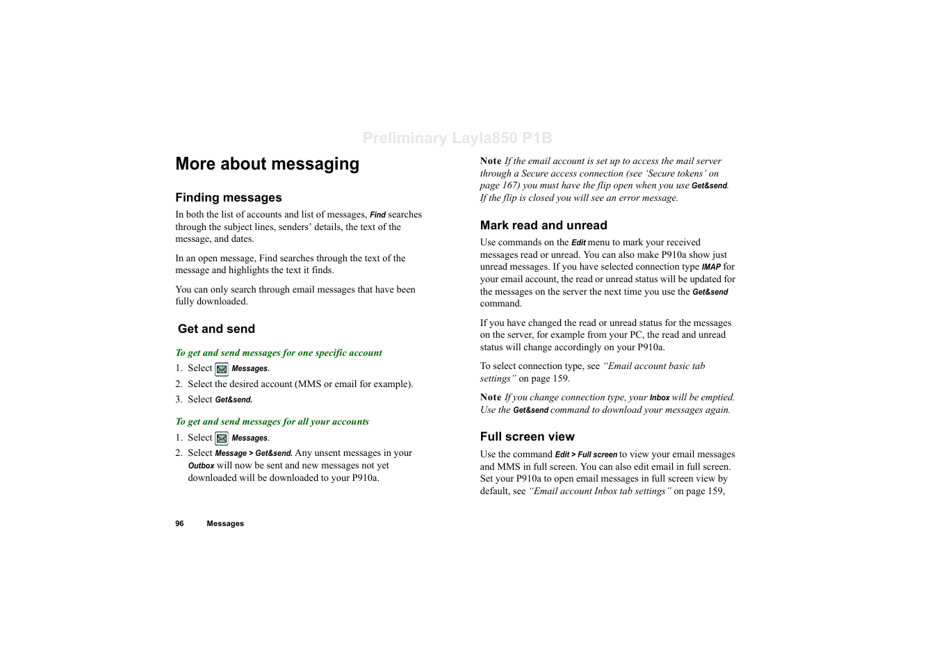 More about messaging, Finding messages, Get and send | Mark read and unread, Full screen view, Preliminary layla850 p1b | Sony Ericsson P910a User Manual | Page 96 / 203